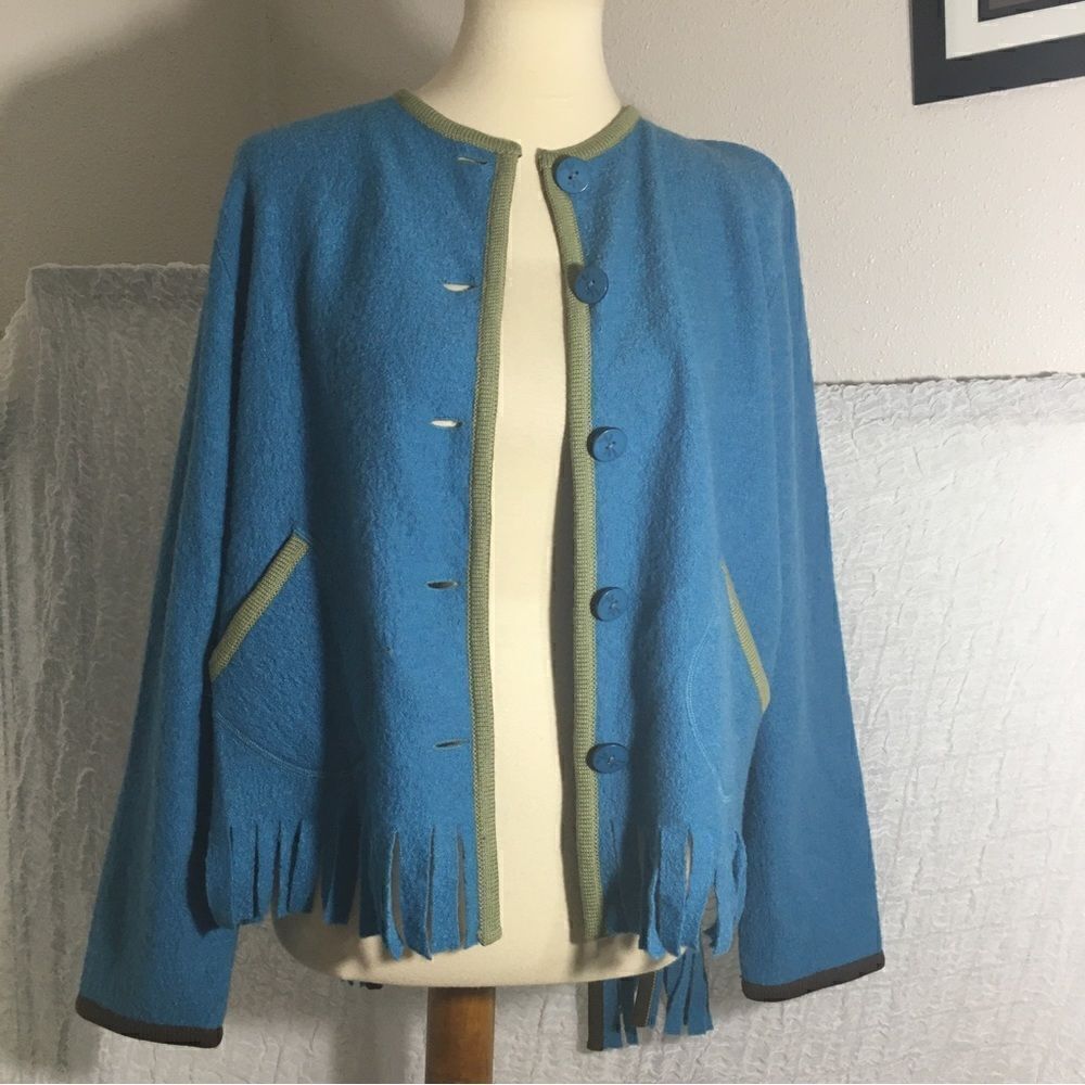Hearts of Palm 100% Wool Blue Fringed Sweater Size Large - Picture 8 of 12